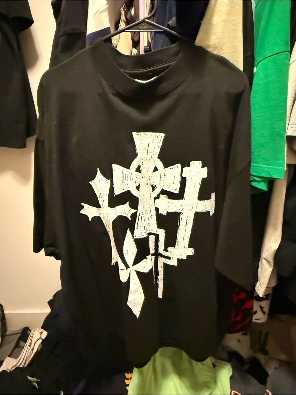 Men's Black Short Sleeve Graphic Tee with White Cross Design